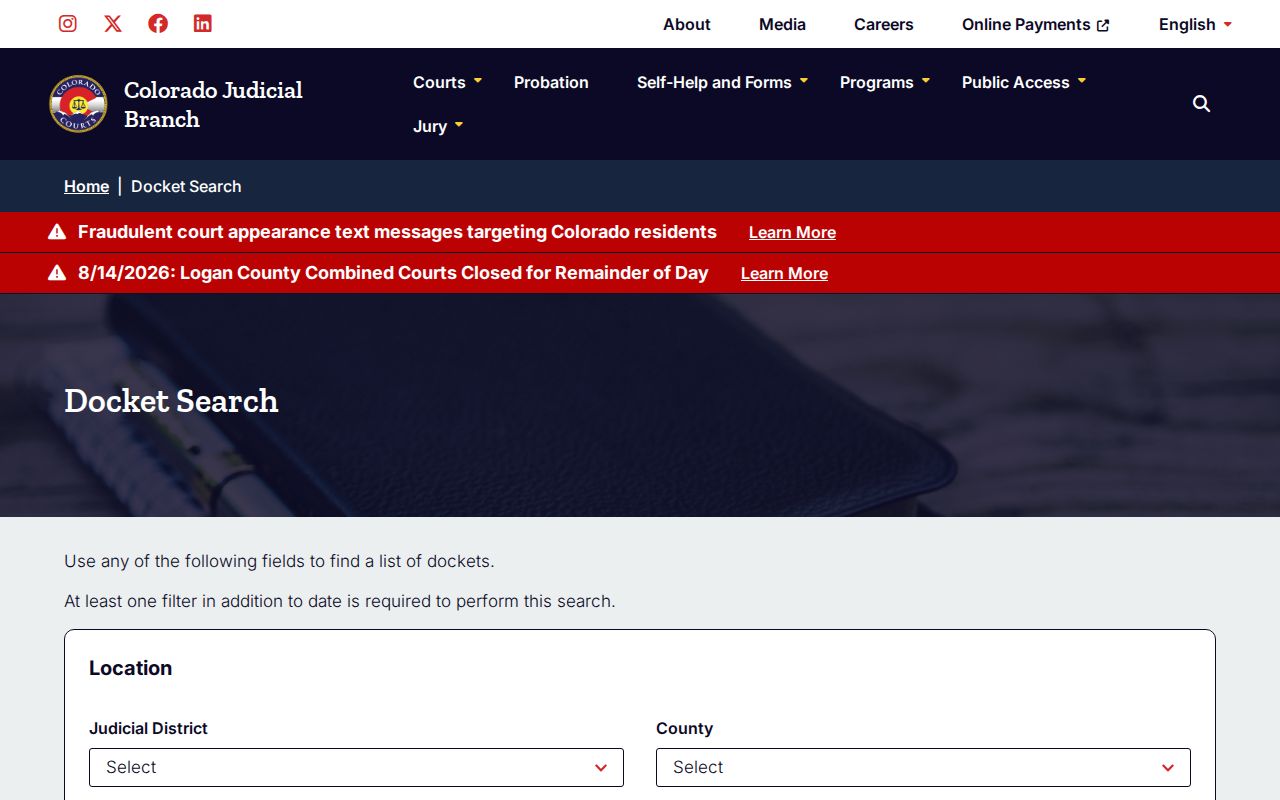Denver County case search through Colorado Judicial docket filters
