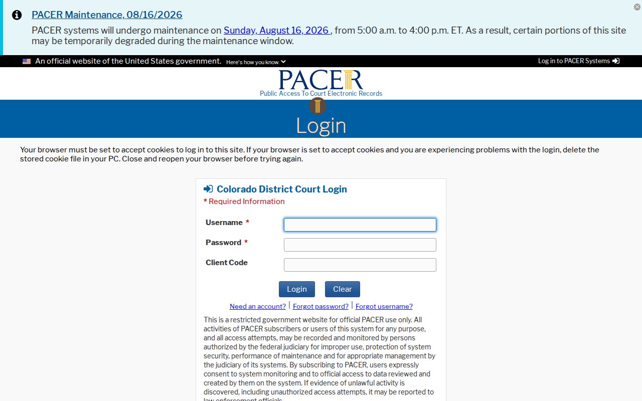 Denver County civil docket access through District of Colorado PACER