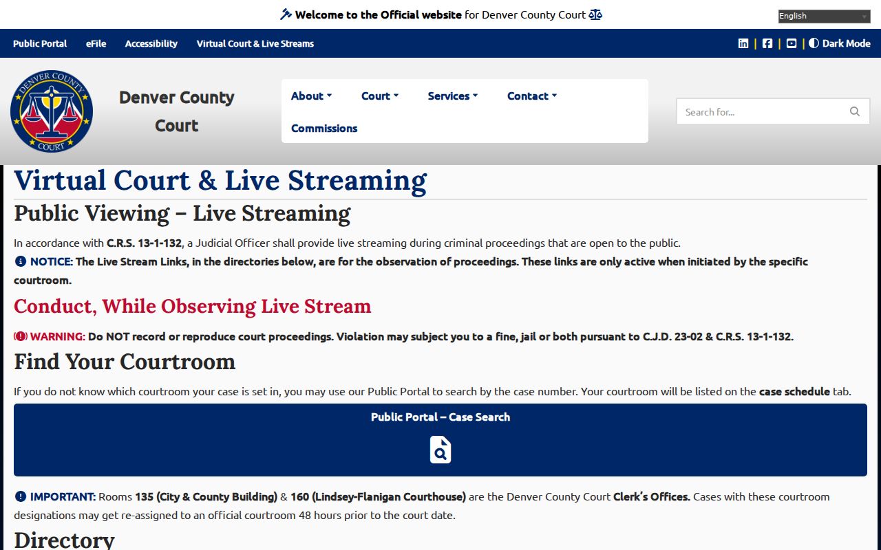 Denver County court calendar virtual courtroom directory