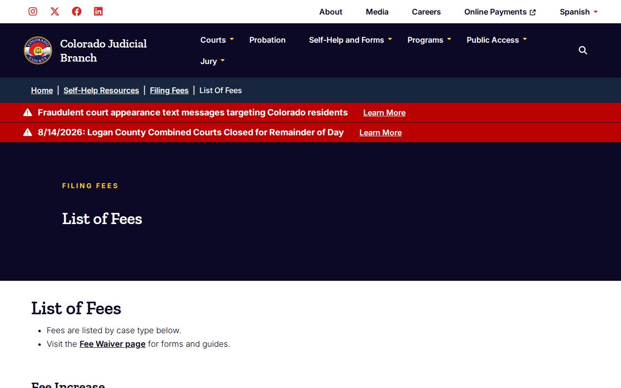 Denver County court records Colorado copy fee list
