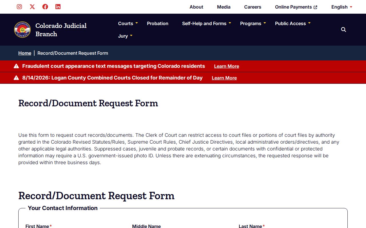 Denver County court records state document request form
