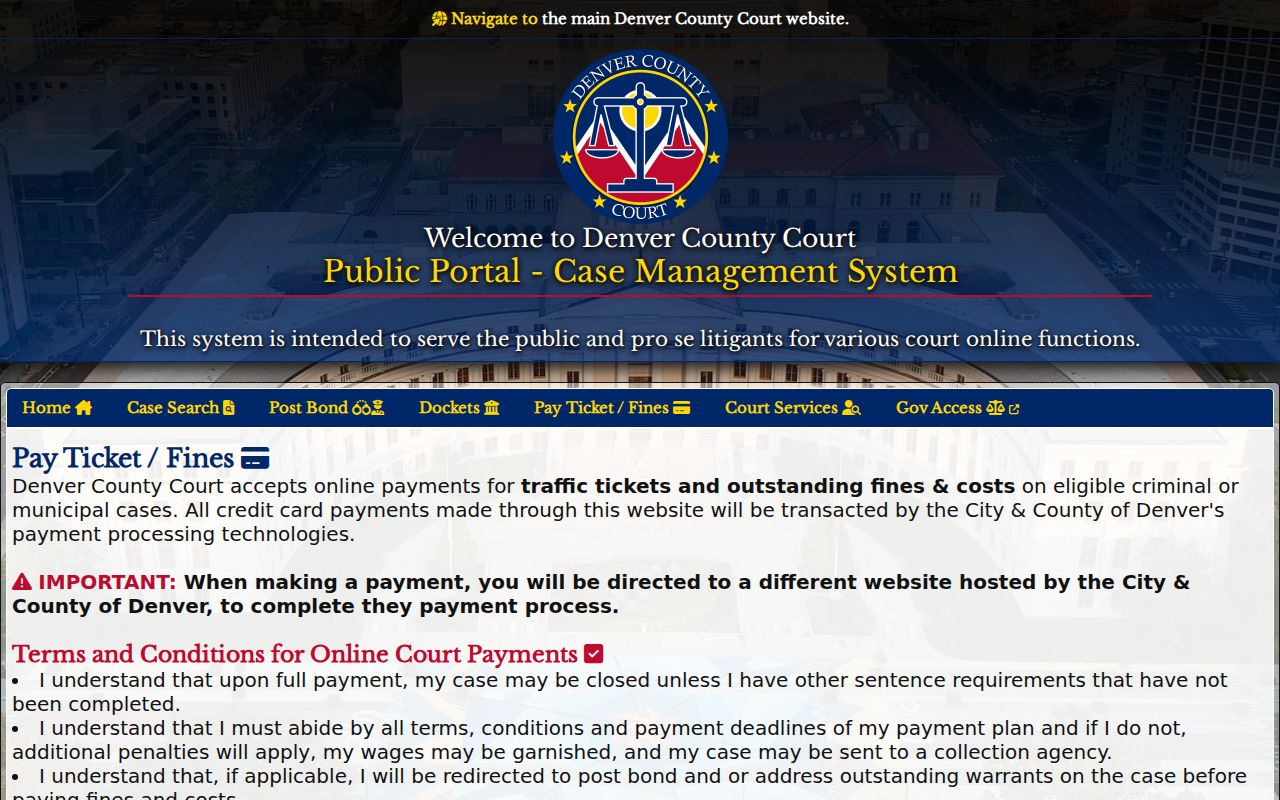 Denver County traffic court records payment search fields